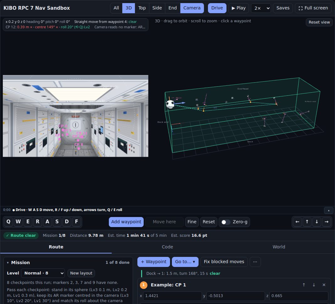 The sandbox screen: a row of buttons at the top, the robot camera on the left, the 3D view on the right, and below them the drive controls, the status bar and the mission list